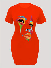  Abstract Print Short Sleeve High Stretch Dress