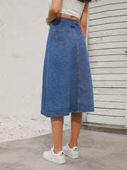 Non Stretch Denim Midi Skirt Single Breasted Button Casual Denim Skirt