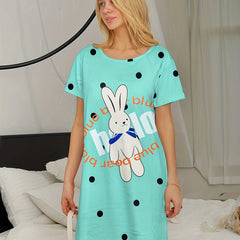 Bunny Print Lounge Dress - Women's Comfy Short Sleeve Home Dress
