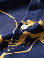Navy Orange Skull Vintage Style Summer Shirt Men Short Sleeve Casual Blouse