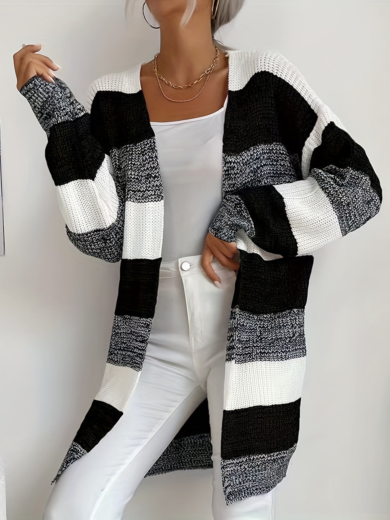  Colorblock Long Sleeve Open Front Casual Cardigan