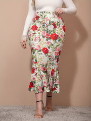 Floral Print High Rise Ruffle Trim Bodycon Mermaid Skirt