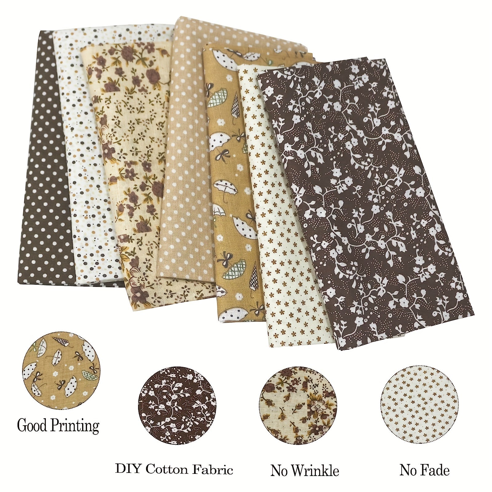 7pcs Coffee Fabric Quilting Sewing Crafts Textile Square Assortment DIY Sewing