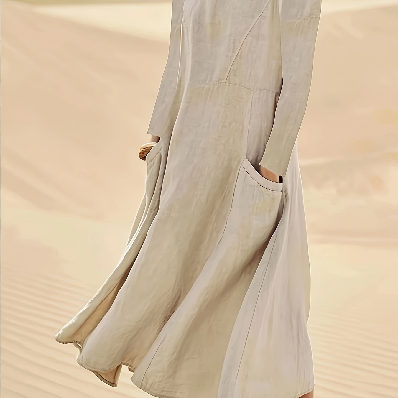 Women's Plus Solid Long Sleeve Round Neck Loose Fit Maxi Dress
