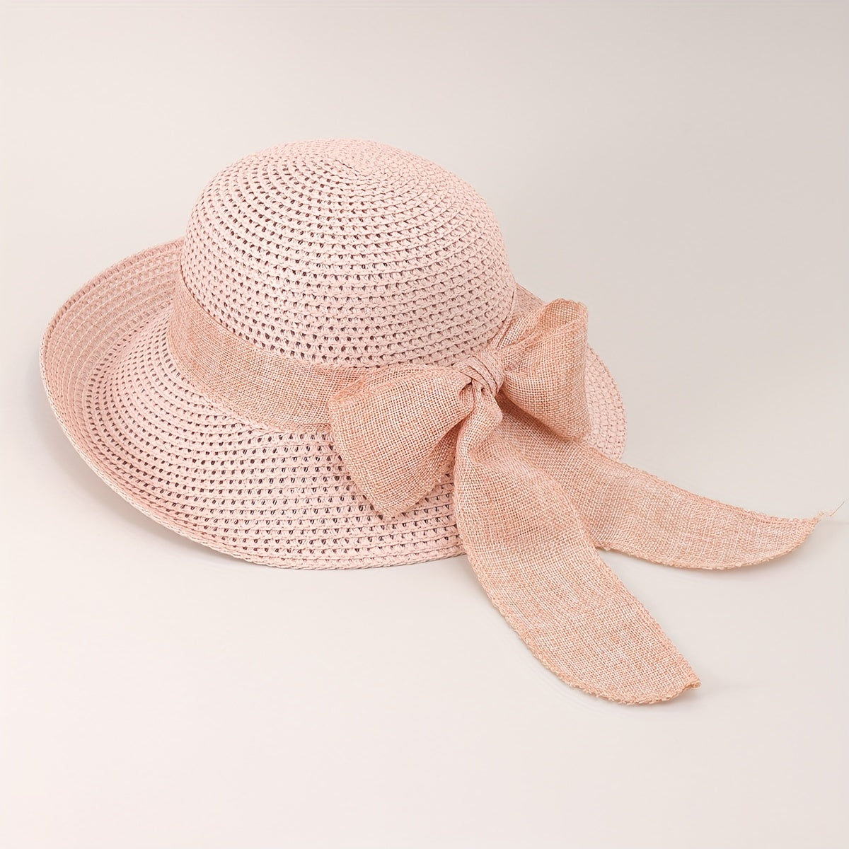 Straw Bucket Hat Bowknot Ribbon Solid Summer Beach Hat