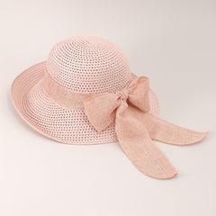 Straw Bucket Hat Bowknot Ribbon Solid Summer Beach Hat