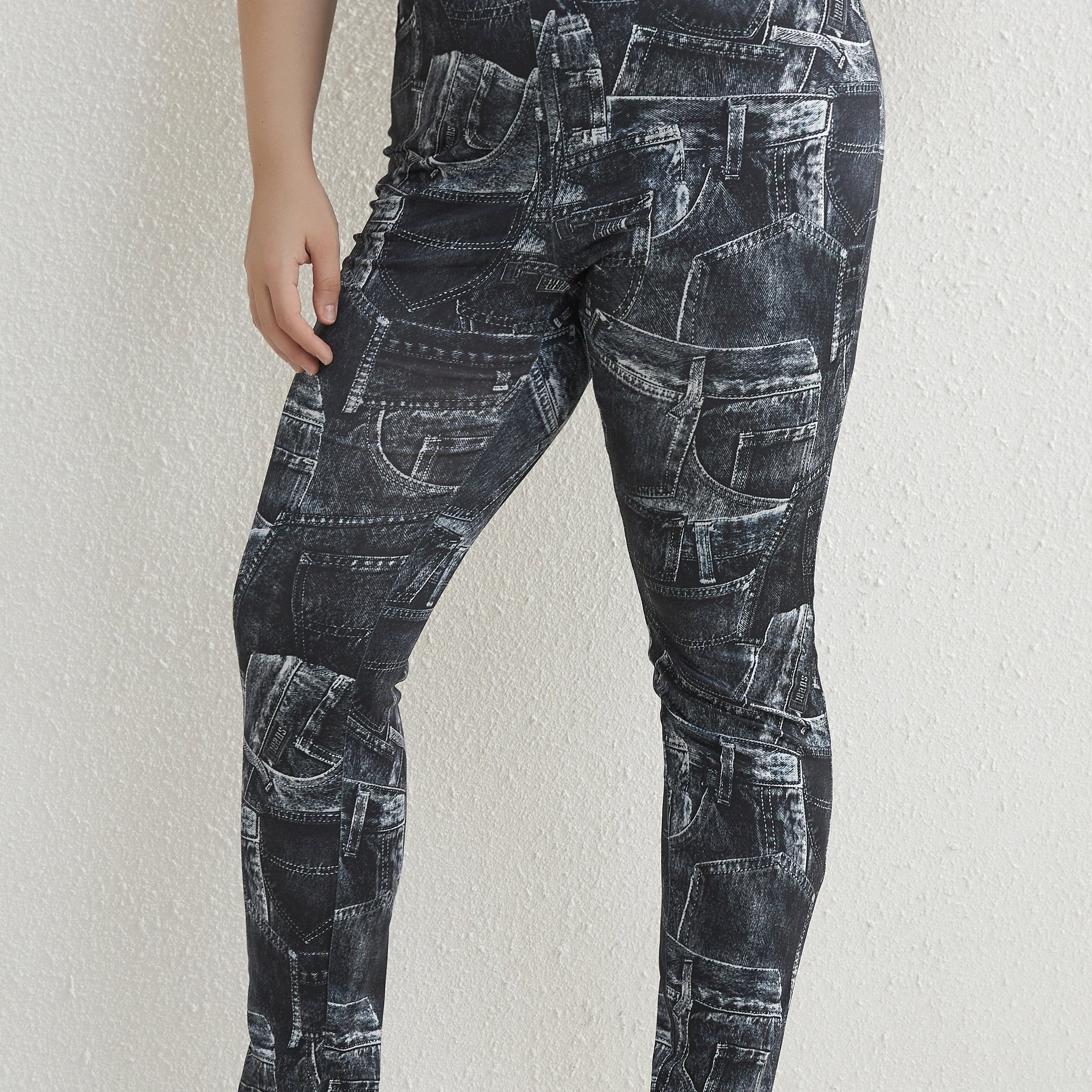  Colorblock Denim Print Stretch Leggings