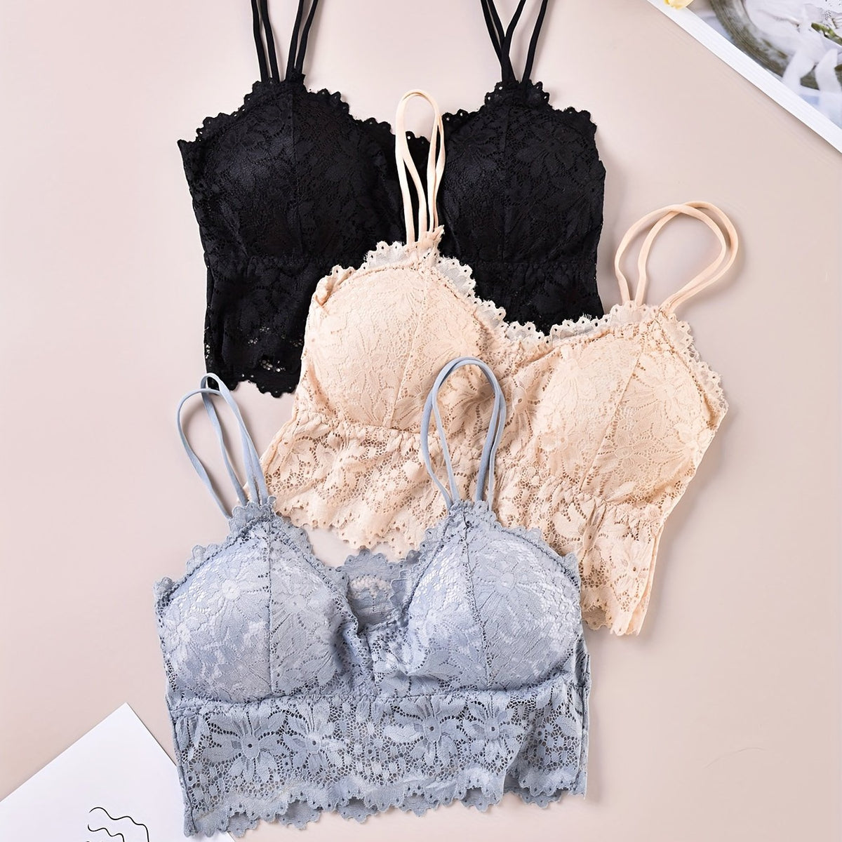 3pcs Lace Wireless Bras Scallop Trim Lingerie