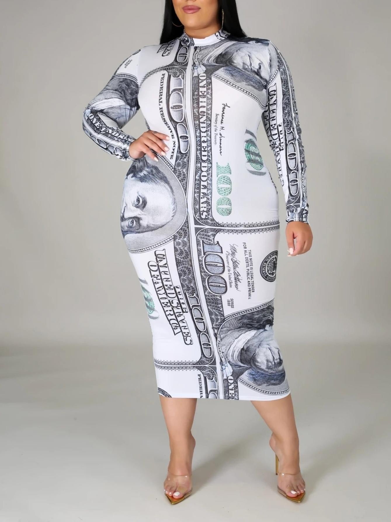 Women's Plus Size Casual Dollar Print Long Sleeve Dress