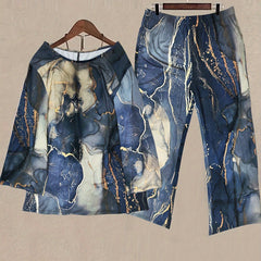  Marble Print Top & Pants Set, Long Sleeve Round Neck 2pc Outfit