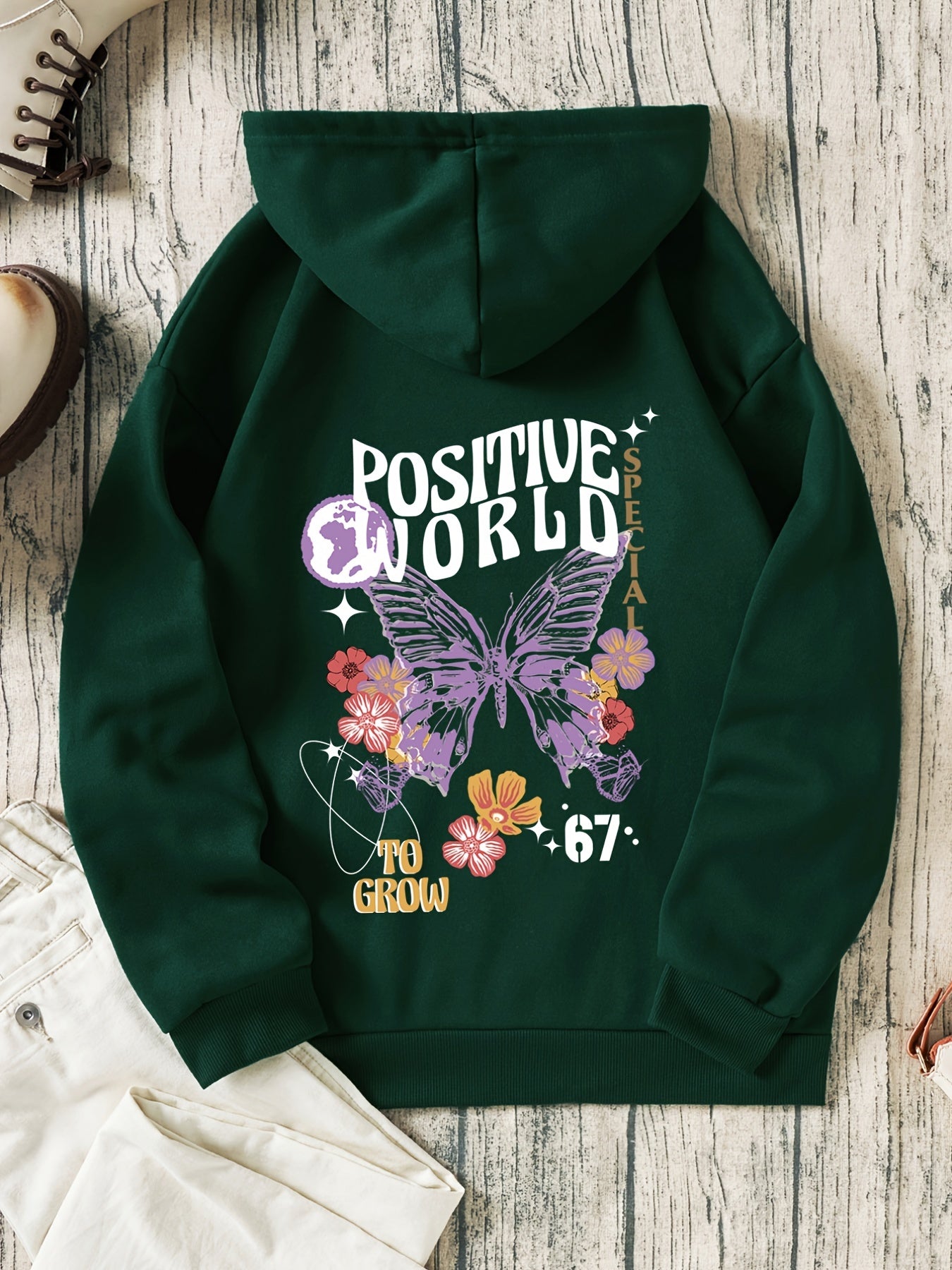 Butterfly & Flower Print Hoodie Sweatshirt Women's Casual Sports Top