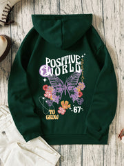 Butterfly & Flower Print Hoodie Sweatshirt Women's Casual Sports Top