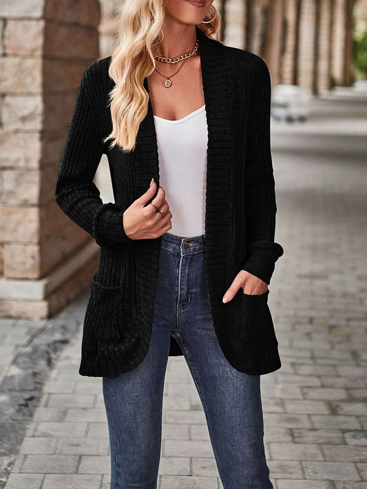  Solid Ribbed Long Sleeve Open Front Knit Cardigan