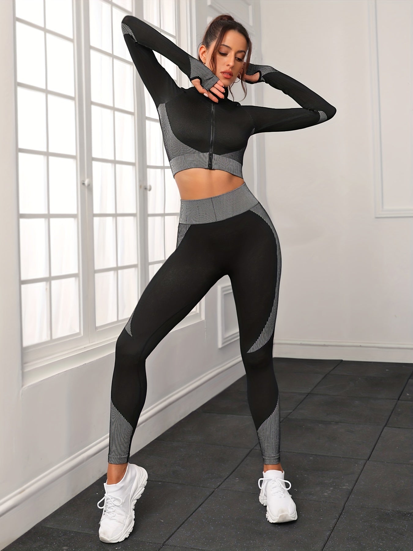 Gray Zippered Long Sleeve Top & Pants Set Women's Activewear