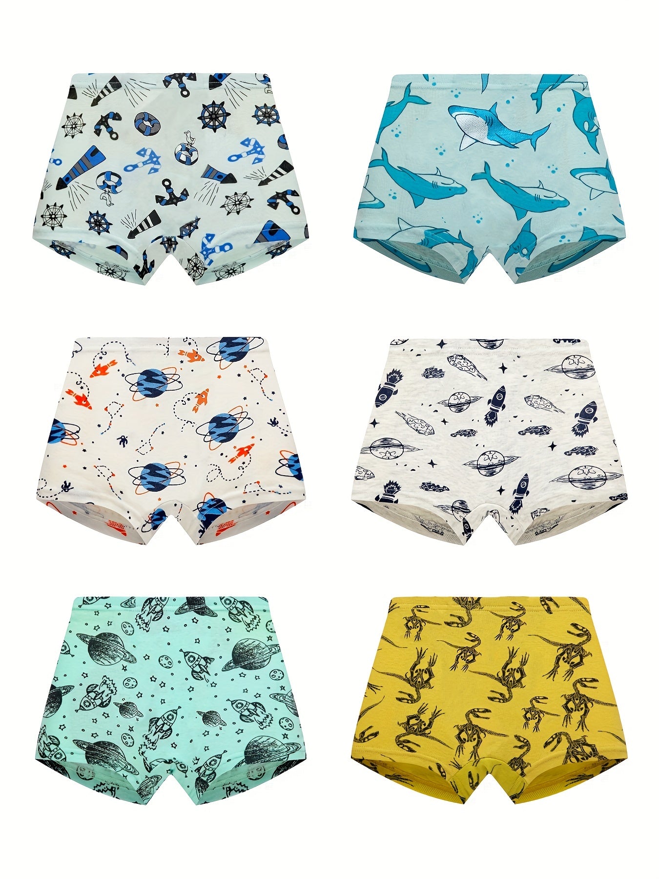 6pcs Boys Boxer Briefs Dinosaur Car Print Soft Comfortable Underwear