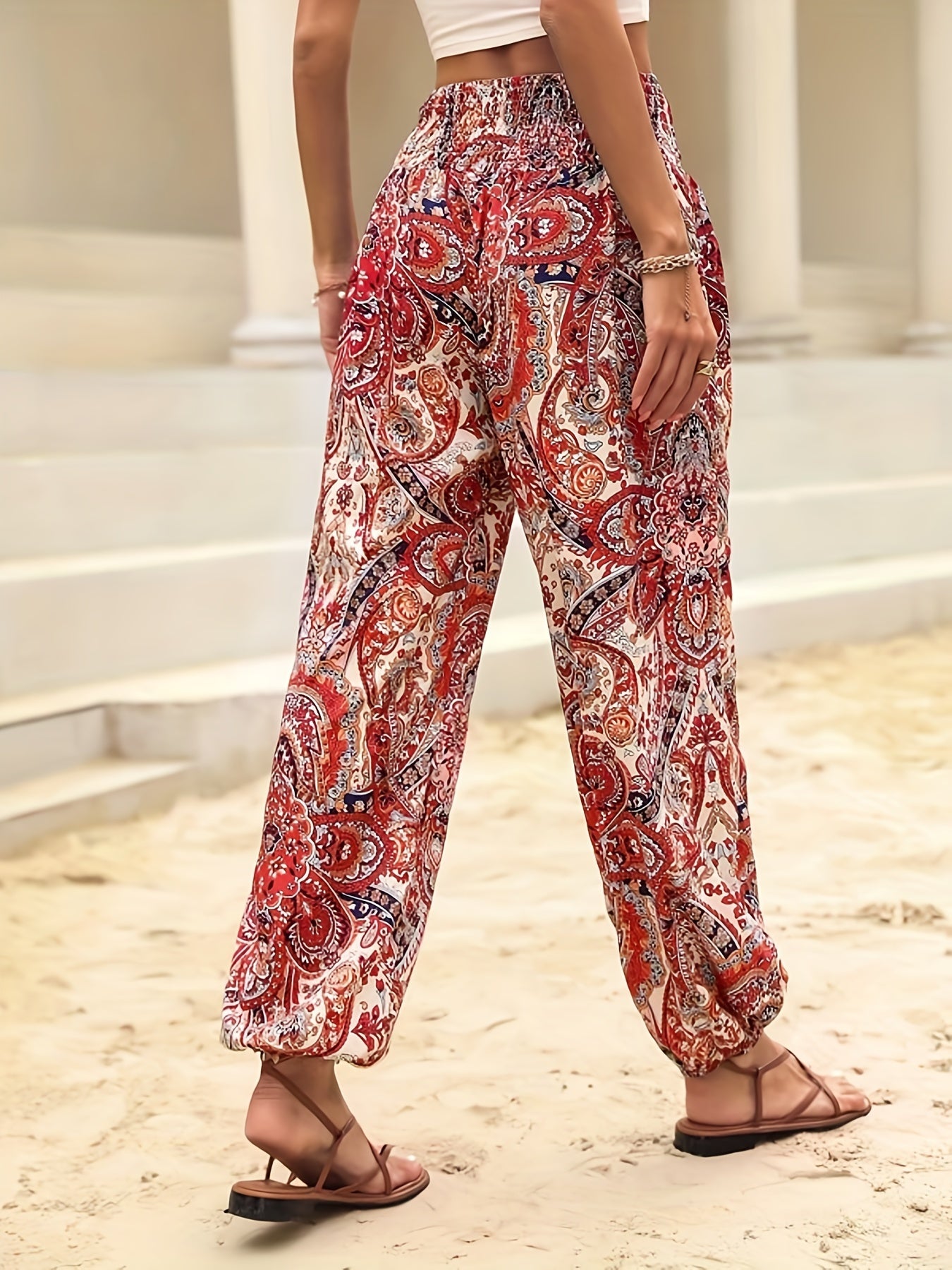 Paisley Print Shirred Waist Pants Boho Long Length Jogger Pants