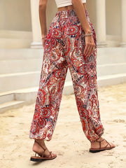 Paisley Print Shirred Waist Pants Boho Long Length Jogger Pants