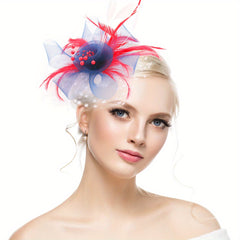 Mesh Flower Head Piece With Clip Faux Feather Fascinator