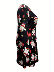  Christmas Dress Women's Plus Santa Star Print Long Sleeve Dress