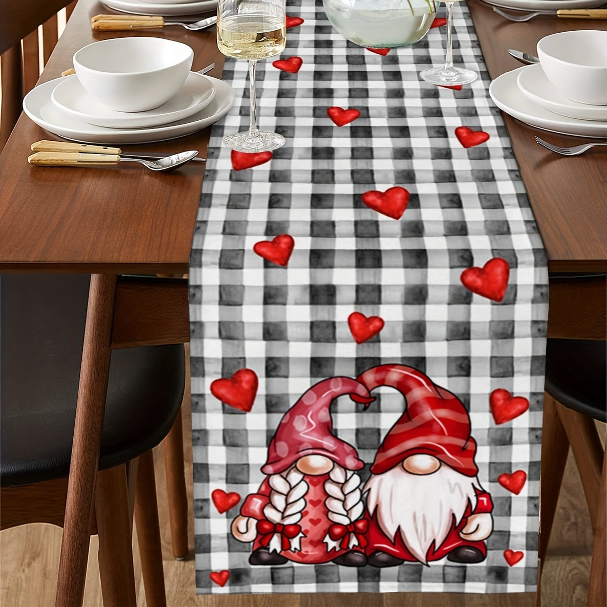 13x72 Inch Red Gnome Love Heart Plaid Table Runner - Heat Resistant Washable