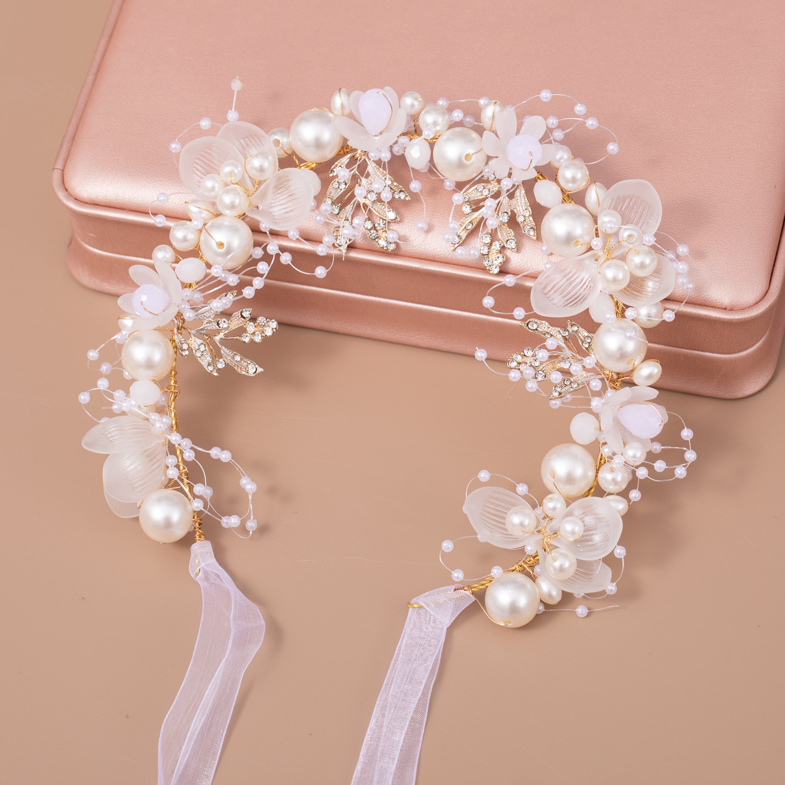 Pearl Floral Headband Golden Leaf Tiara Headgear