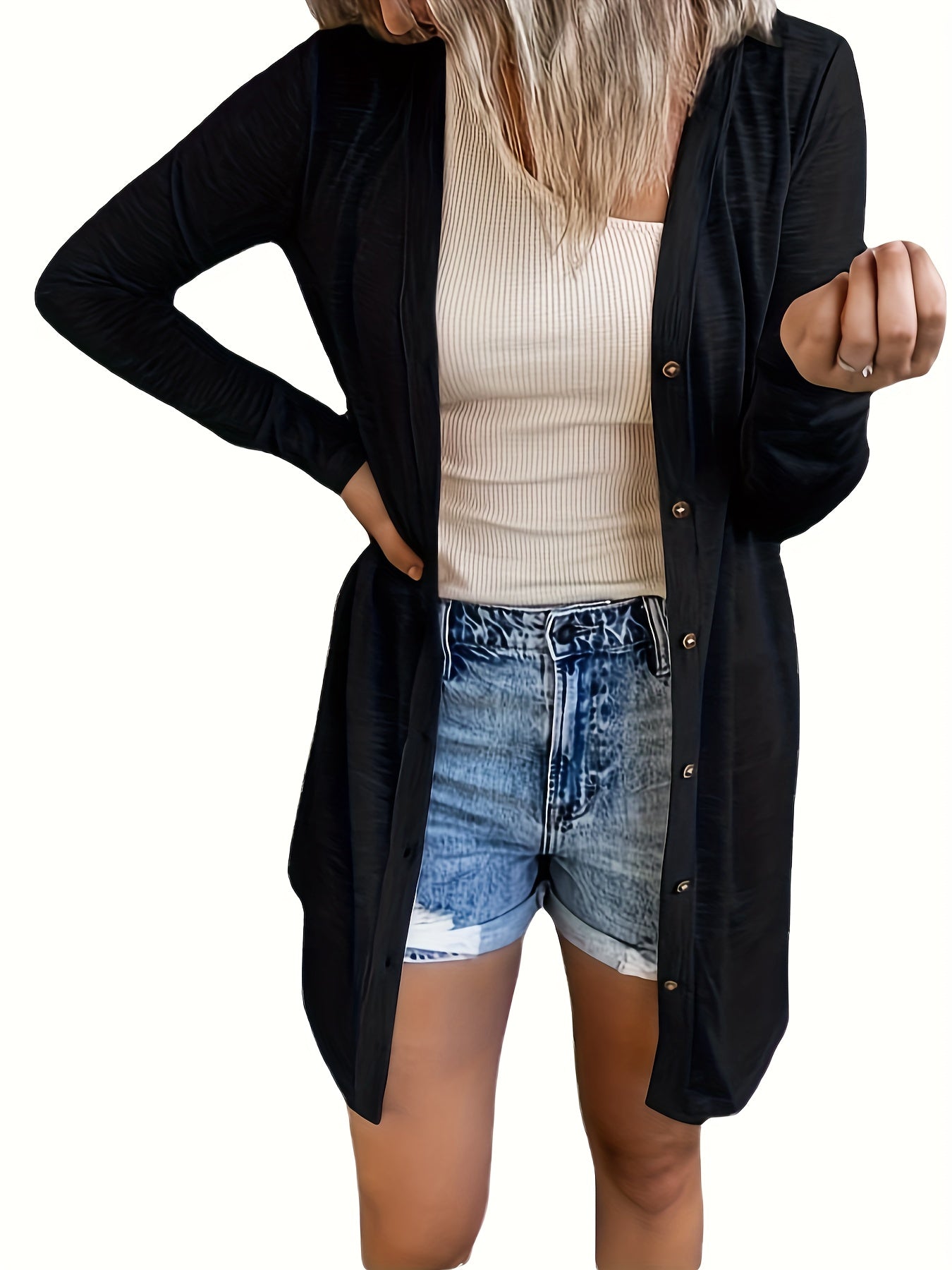  Solid Button Up Long Sleeve Cardigan