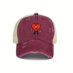 Heart Ripped Ponytail Baseball Cap Candy Washed Distressed Mesh Trucker Hat