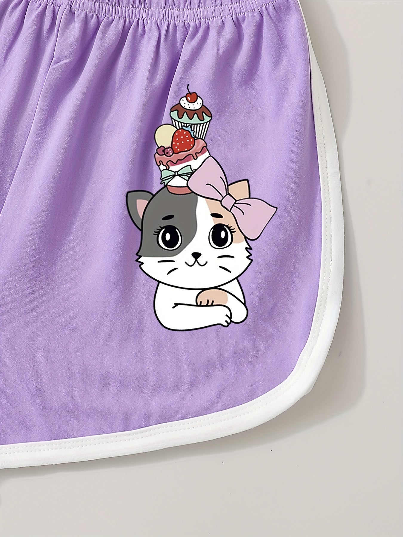 Girls Cake Cat Graphic Elastic Waist Casual Sports Track Shorts