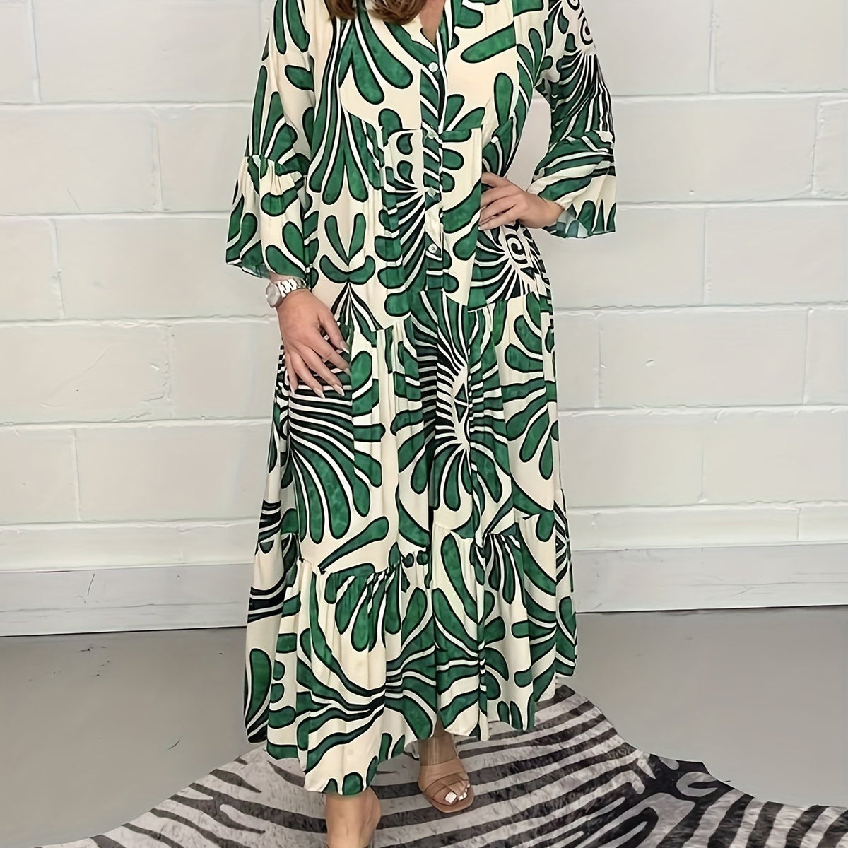  Women's Floral Print Bell Sleeve Maxi Smock Dress