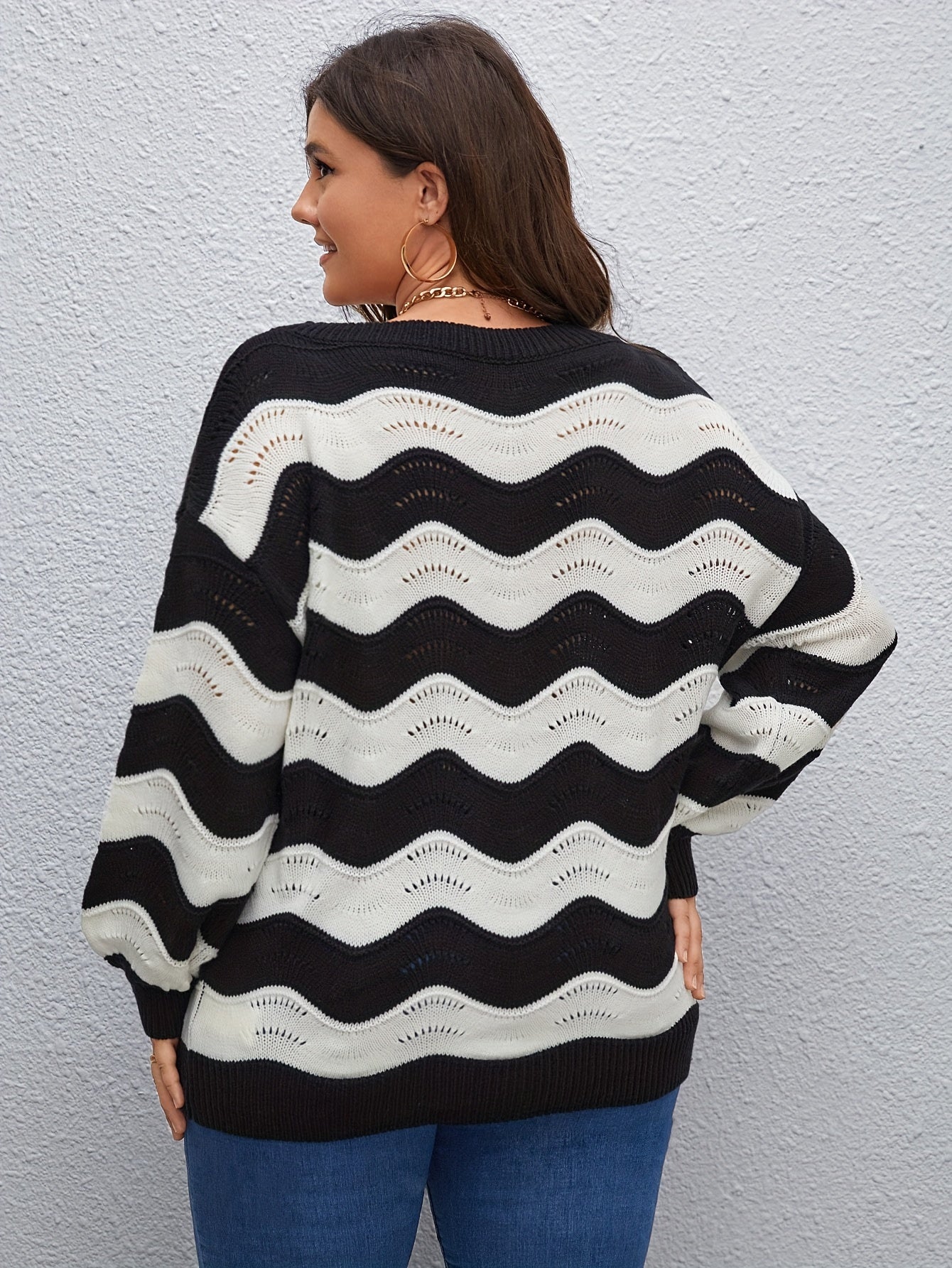  Casual Sweater Women's Plus Wave Pattern Long Sleeve Round Neck
