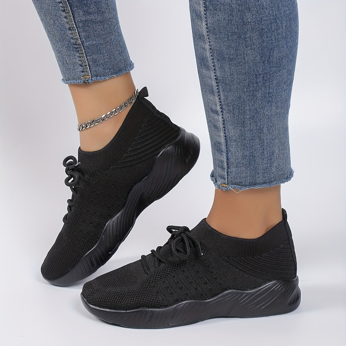 Women's Running Sports Shoes Lightweight Knitted Lace Up Sneakers