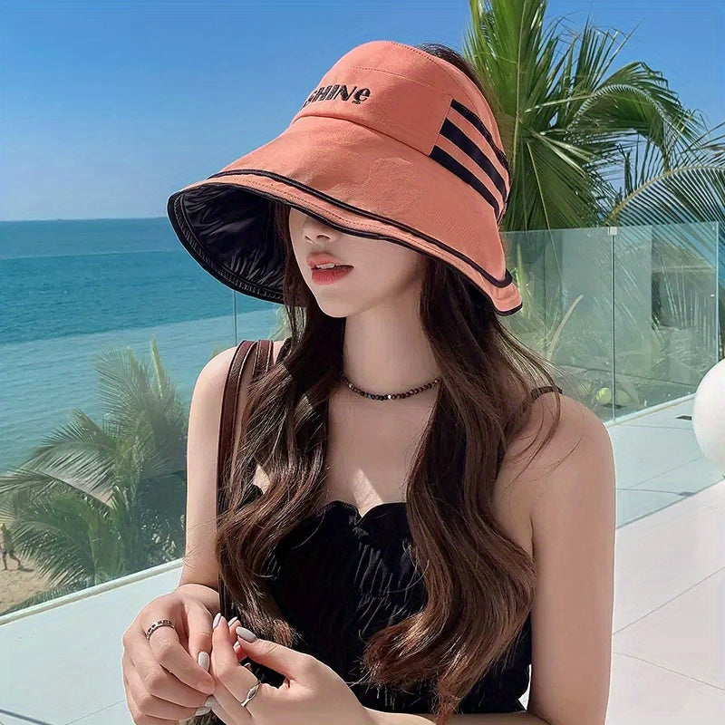 Sunshine Embroidery Ponytail Visor Hat Wide Brim UV Protection Sun Hat