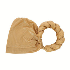 Golden Twist Braided Turban Cap Rhinestone Decor Head Wrap Hijab Hats