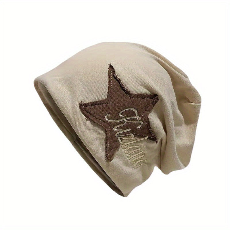 Vintage Star Patch Y2K Beanie Letter Embroidery Solid Skull Cap