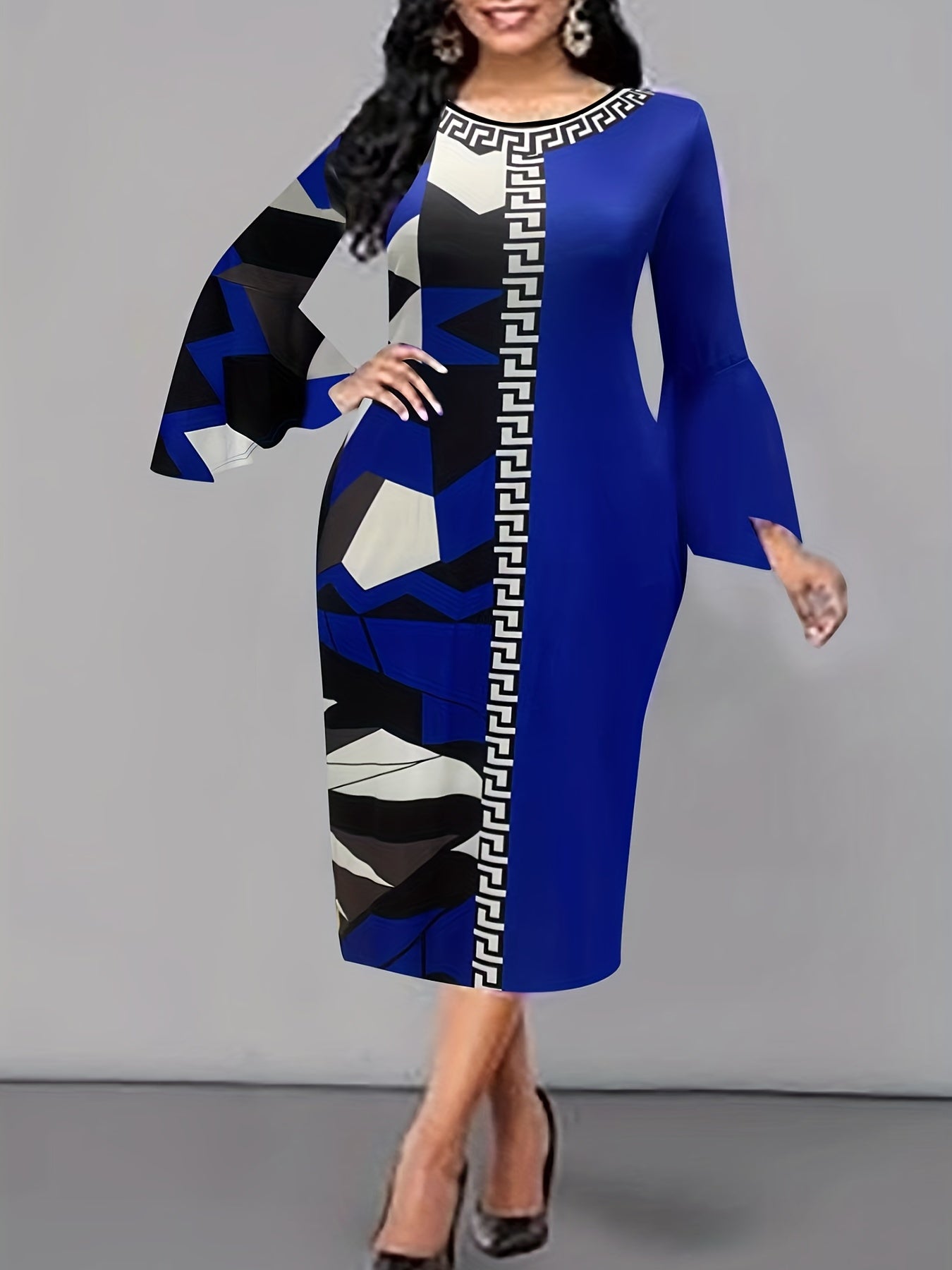  Colorblock Print Bell Sleeve Dress