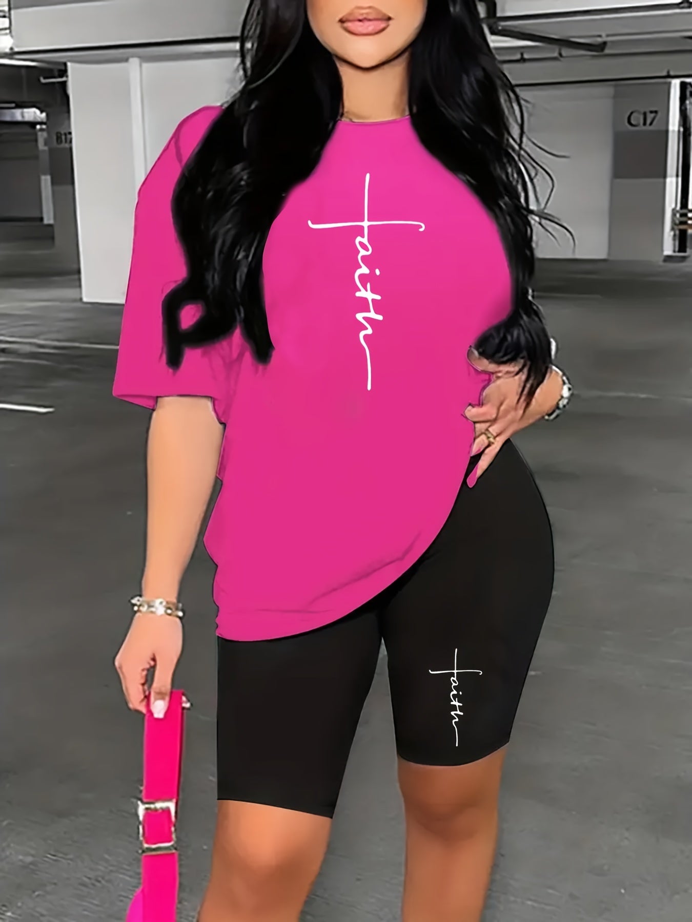 Faith Letter Print Two piece Set Crew Neck Short Sleeve Tee & Slim Shorts