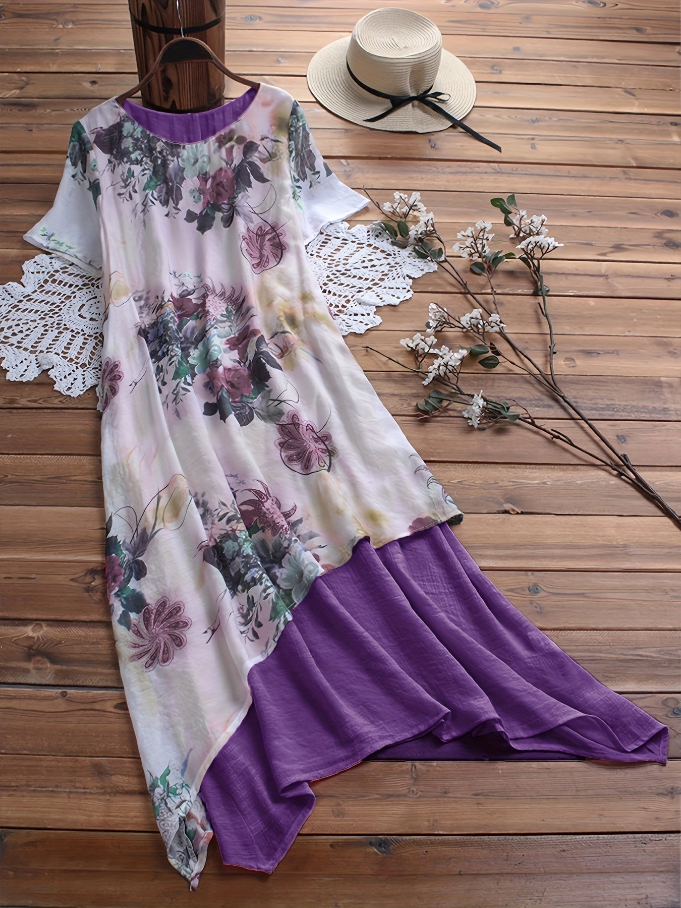 Floral Print Layered V Neck Short Sleeve Dress