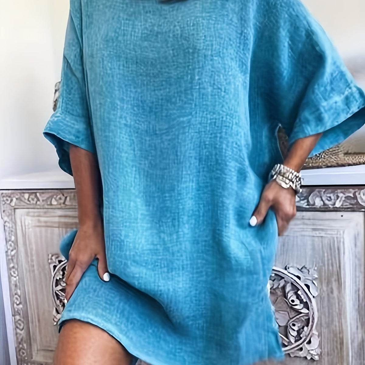 Casual Dress Women's Plus Plain Half Sleeve Loose Mini Dress