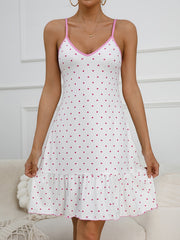 Heart Print Slip Lounge Dresses Comfy V Neck Ruffle Home Dress