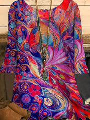  Floral & Bird Print 3/4 Sleeve Blouse
