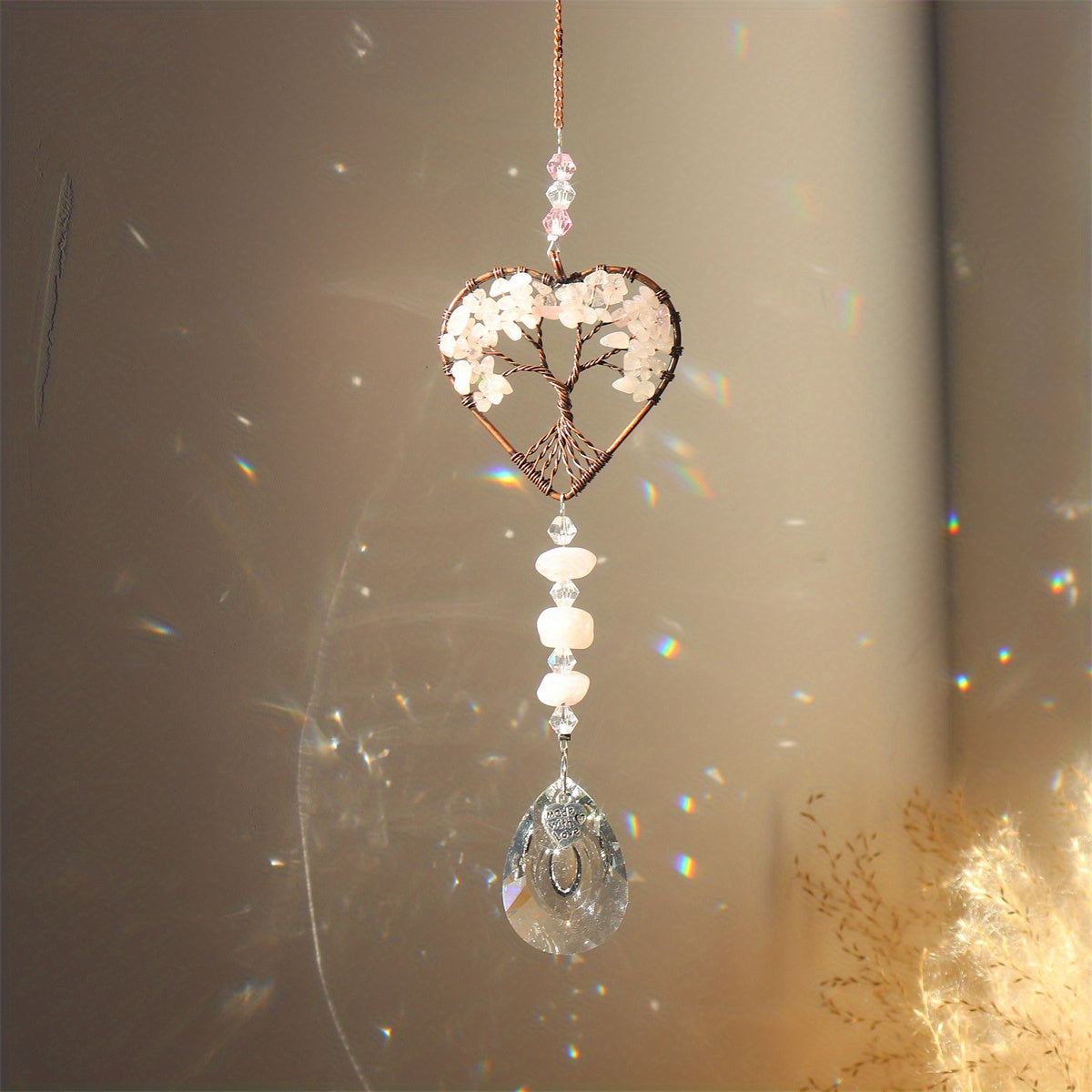 Rainbow Crystal Tree Of Life Suncatcher Heart Shape Chakra Stones