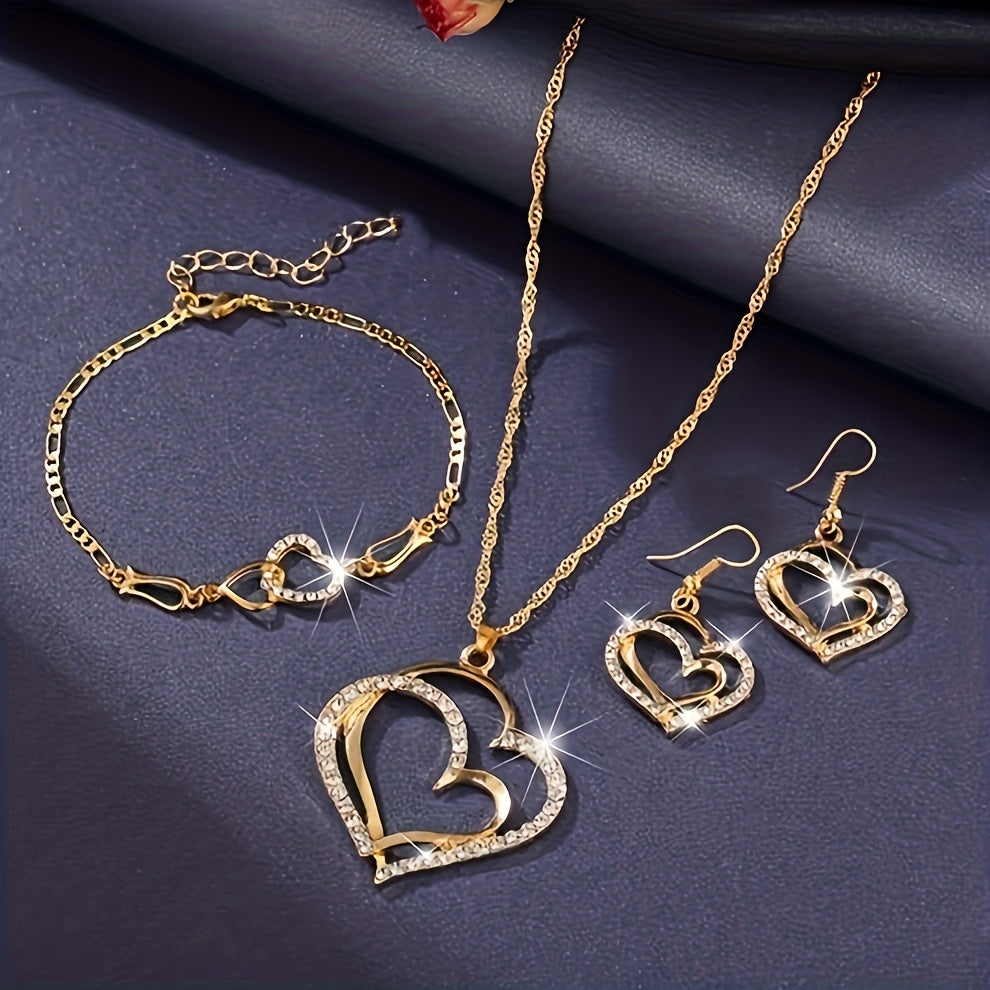 Double Heart Necklace Earrings Bracelet Set Romantic