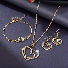 Double Heart Necklace Earrings Bracelet Set Romantic