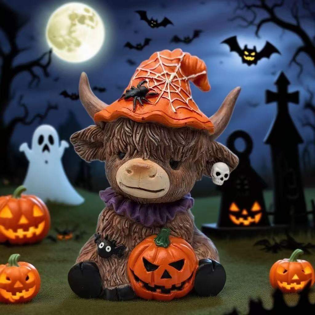 Spooky Highland Cow Halloween Figurines with Witch Hats