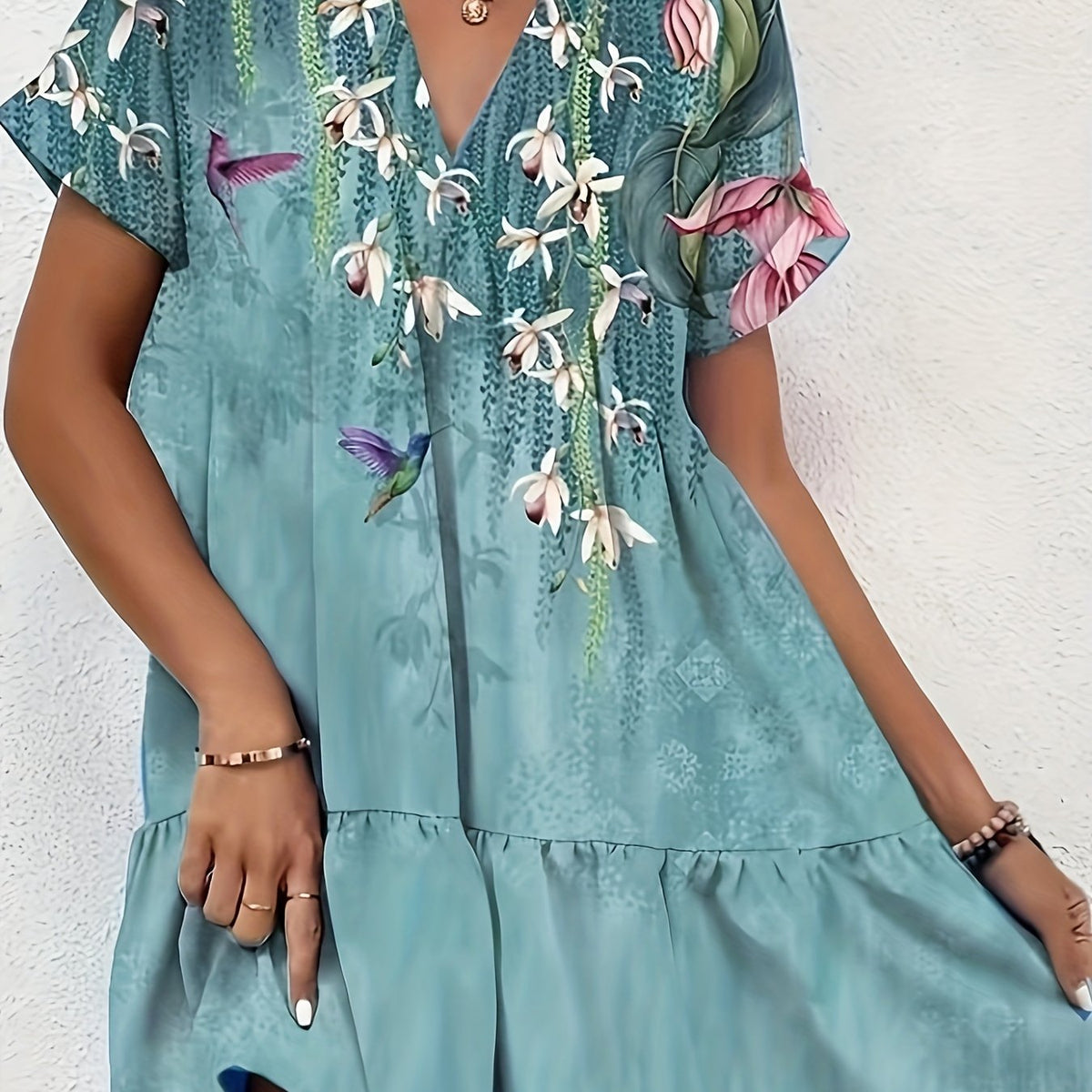  Floral Print V-Neck Ruffle Trim Dress