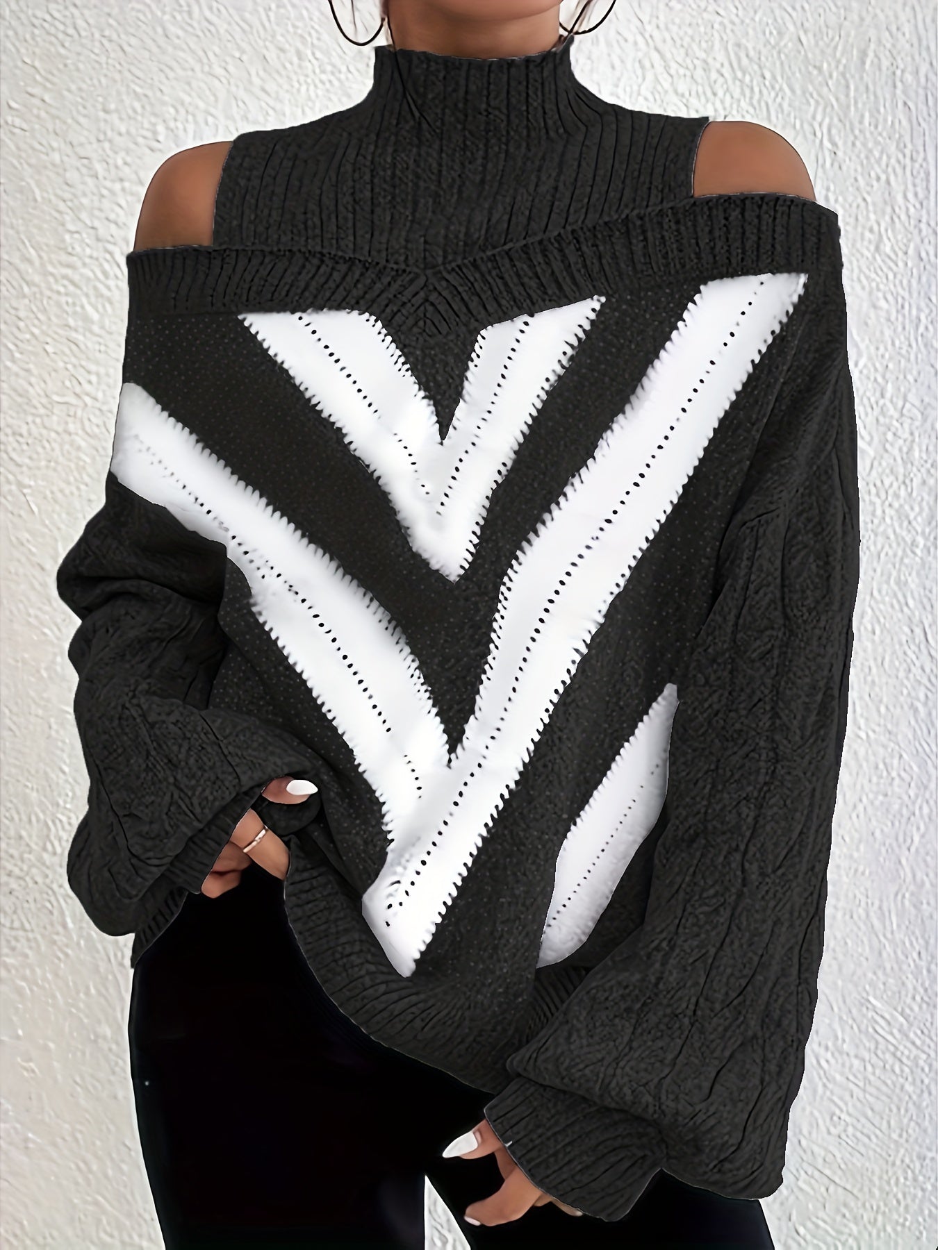  Geometric Print Cold Shoulder Sweater