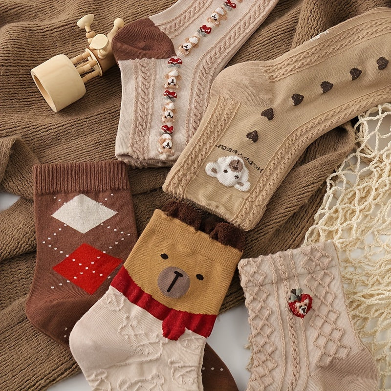 5 Pairs Bear Print Mid Tube Socks Women's Stockings