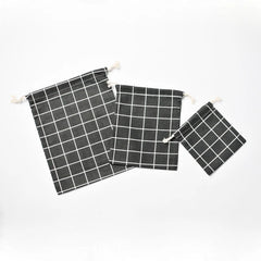 3pcs Plaid Drawstring Cotton Linen Storage Bags Portable Travel Organizer Pouch