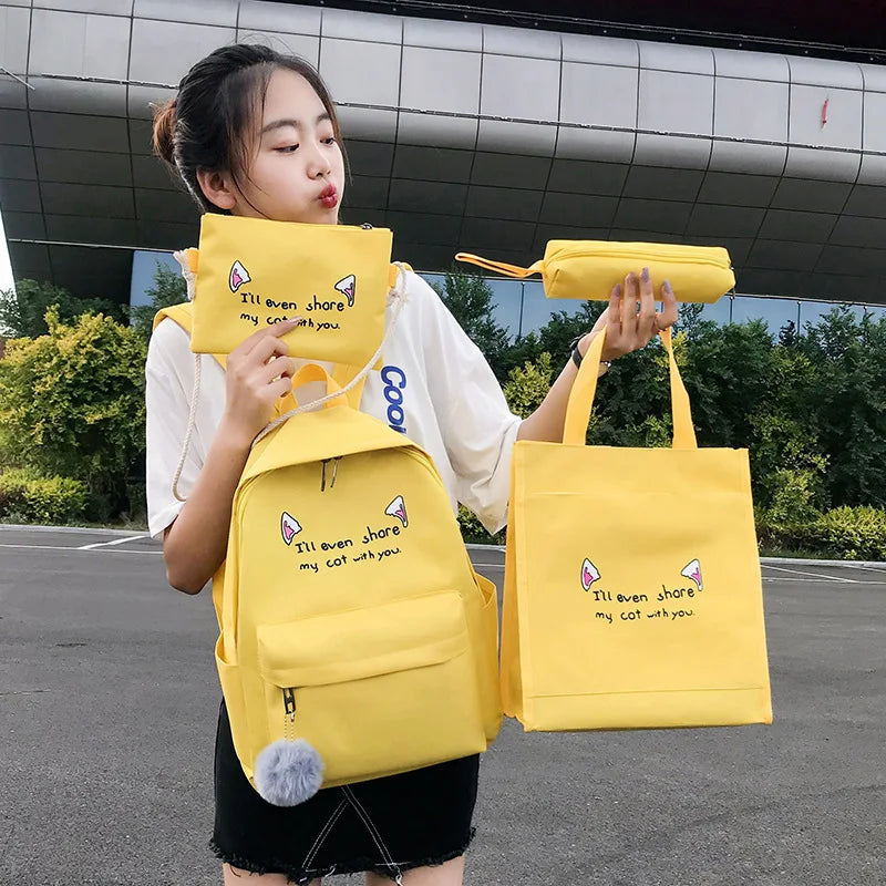 4-Piece Canvas Schoolbags for Teenage Girls Female Shoulder Bags Backpack Women