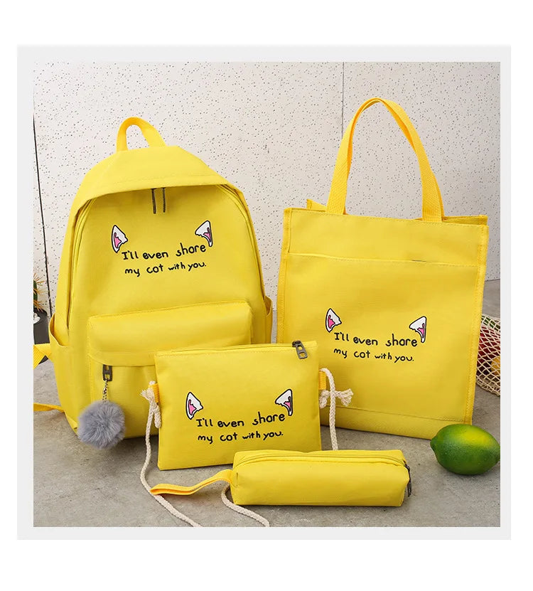 4-Piece Canvas Schoolbags for Teenage Girls Female Shoulder Bags Backpack Women